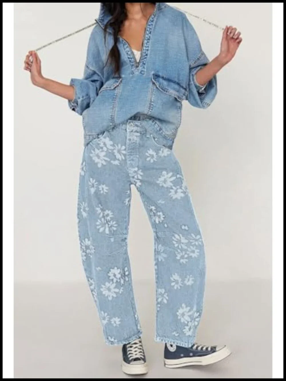 Y2k Distressed Barrel Jeans Baggy Wide Leg Floral Printed Boyfriend Patchwork